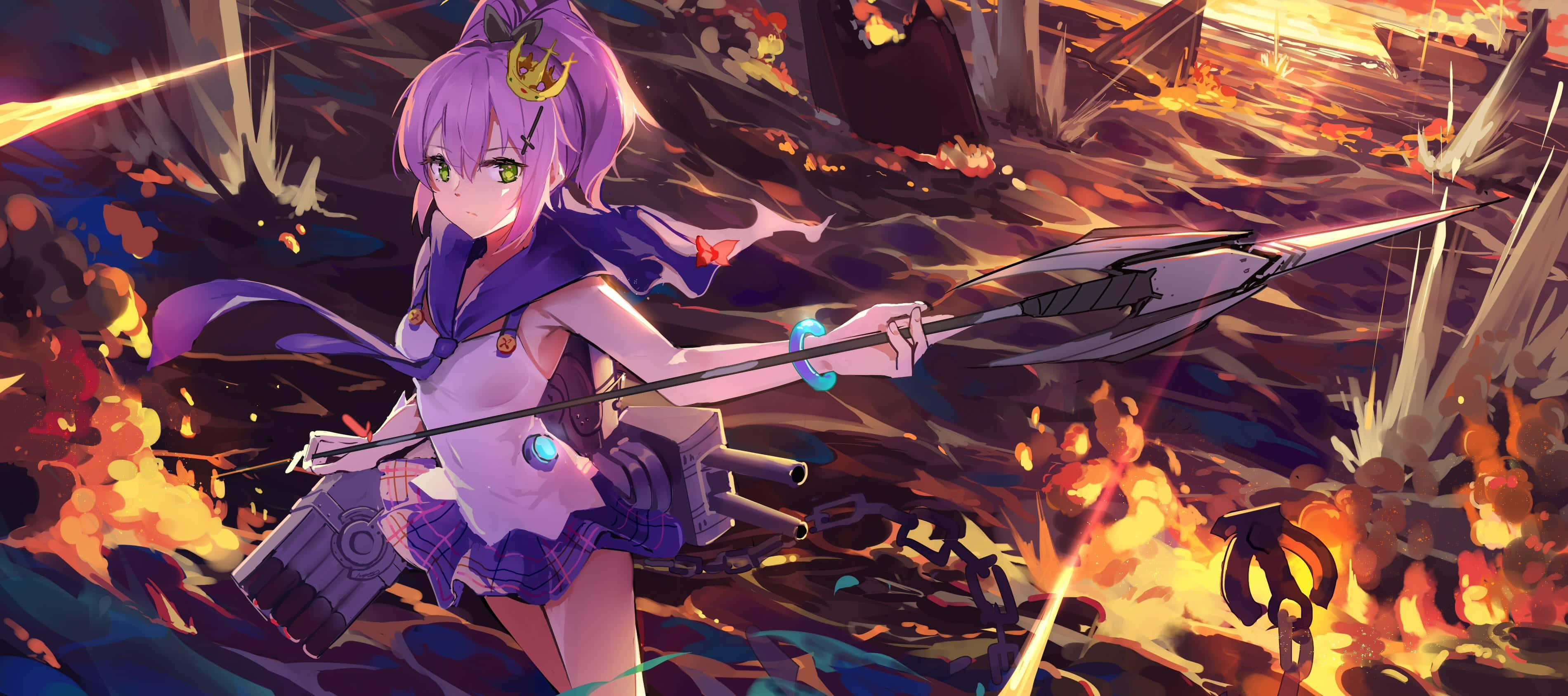 Azur Lane 桌布 壁紙 — 紫髮動漫女孩在燃燒的殘骸和發光的碎片中揮舞著發光的長矛。