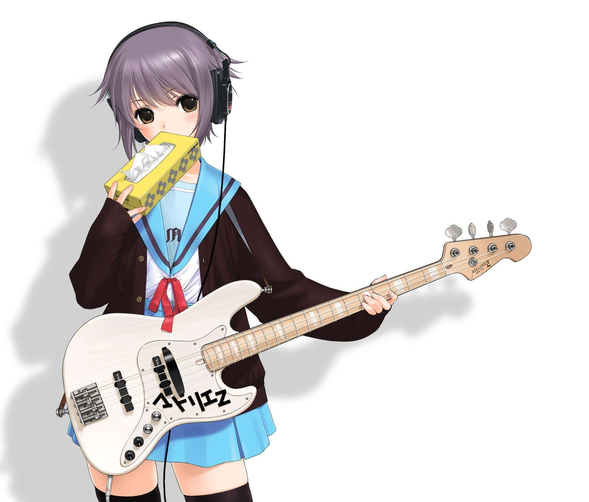 Yuki Nagato 桌布 壁紙 — 紫髮動漫女孩戴著耳機，一邊彈奏白色低音吉他，一邊拿著黃色面紙盒。