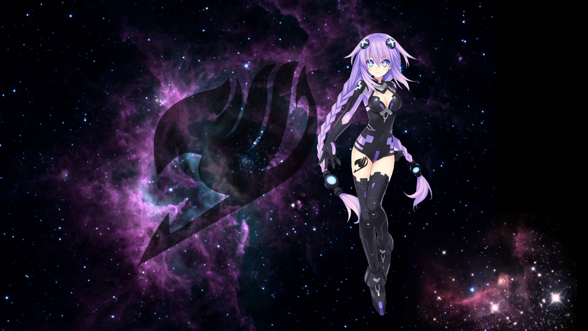 Anime Desktop 桌布 壁紙 — 紫髮動漫女孩漂浮在星空星雲中，旁邊有一個大的黑色火焰標誌。