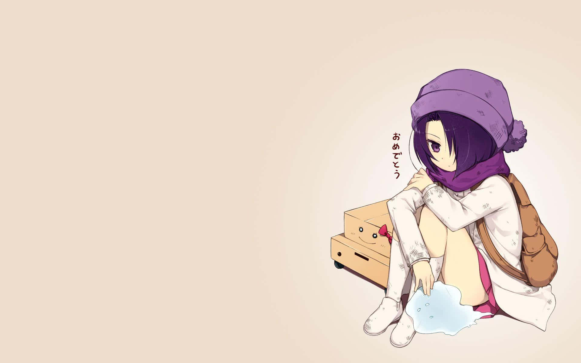 Anime Minimalist 桌布 壁紙 — 紫髮動漫女孩穿著冬季裝備，坐在一個微笑的行李箱旁邊，行李箱裡有一灘水。