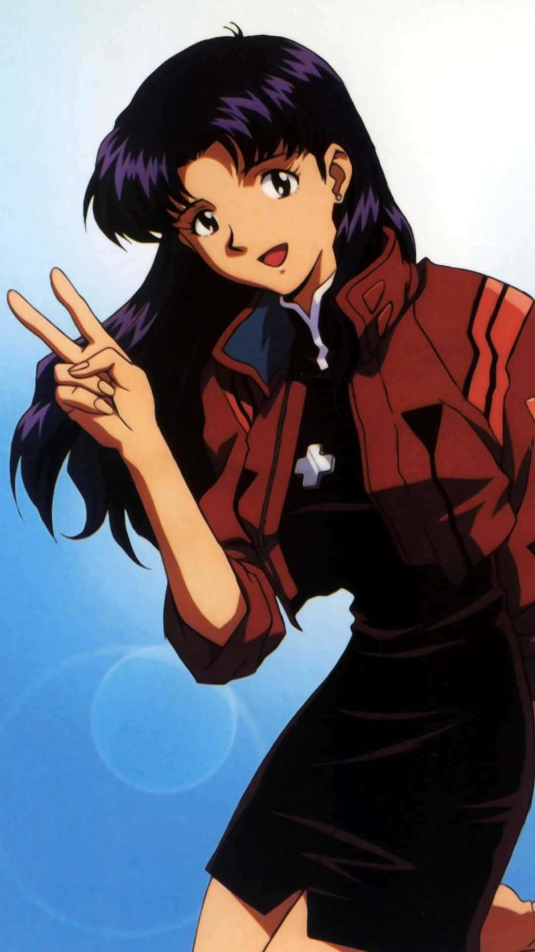 Misato Katsuragi 桌布 壁紙 — 紫髮動漫女孩穿著紅色外套，在柔和的藍色背景前比出和平手勢。