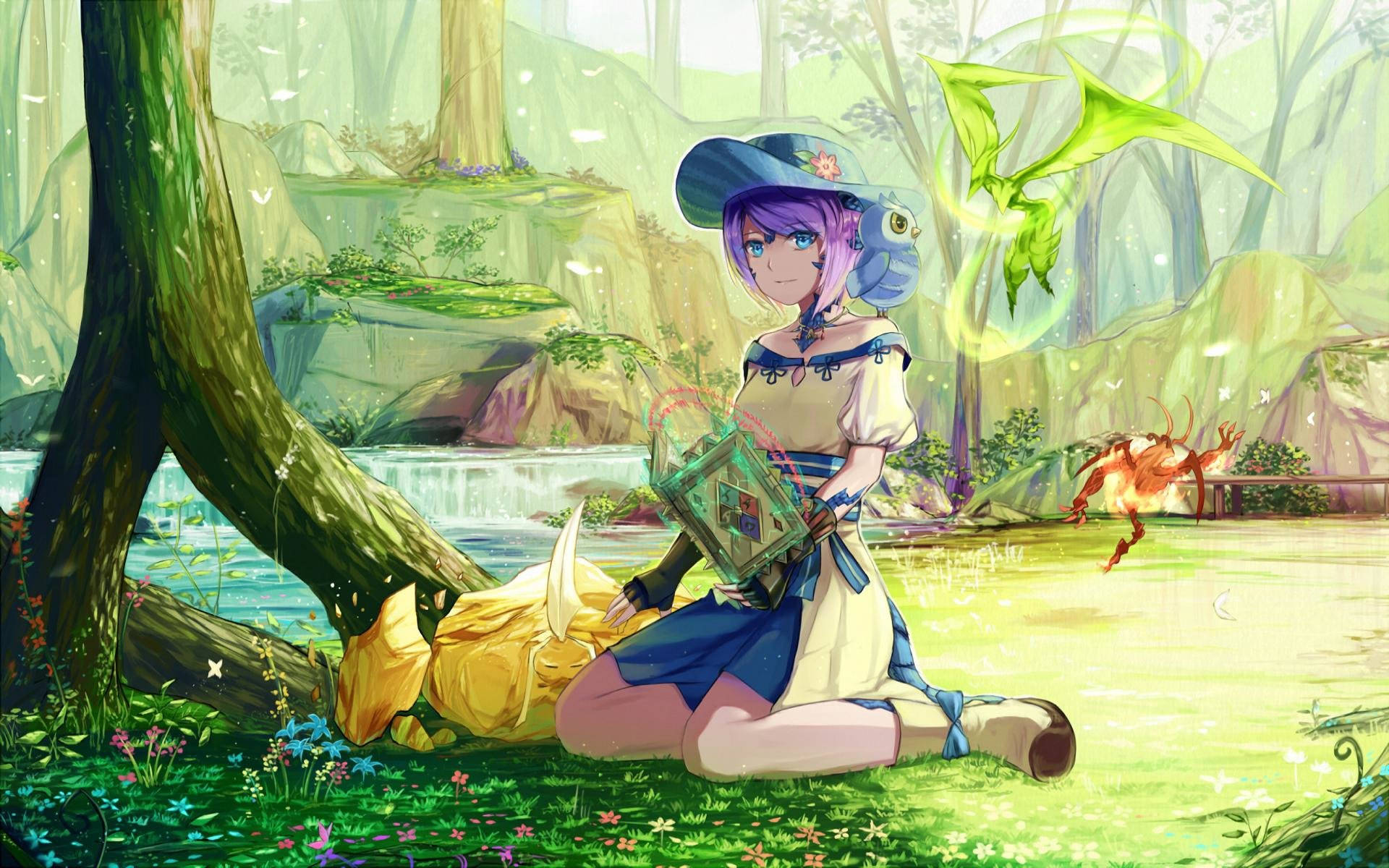 Ff14 桌布 壁紙 — 紫髮動漫女孩跪在陽光明媚的森林中，手持一本書，附近有一隻發光的綠色龍在飛翔。