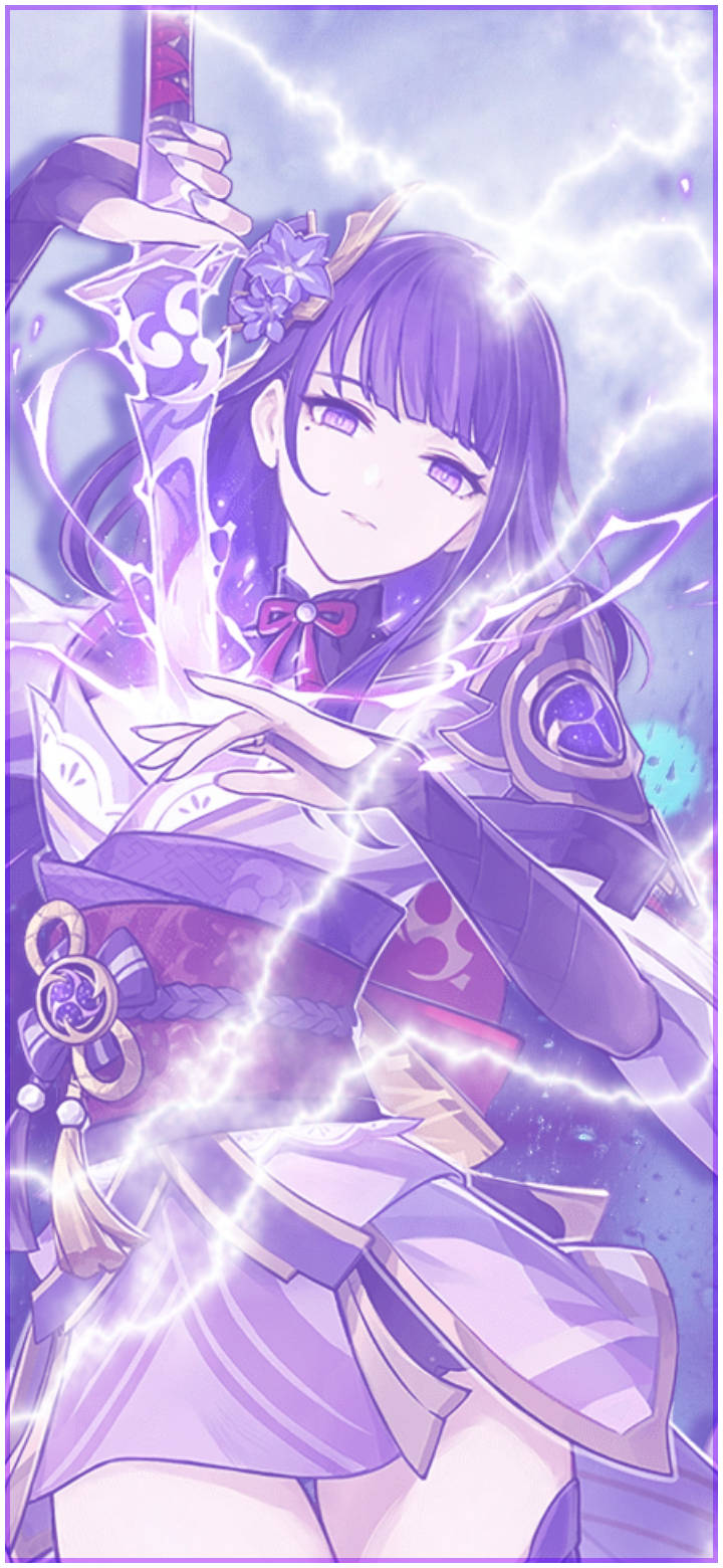Genshin 桌布 壁紙 — 紫髮動漫少女揮舞著發光的劍，閃電在她周圍噼啪作響，構成一個充滿活力的奇幻場景。