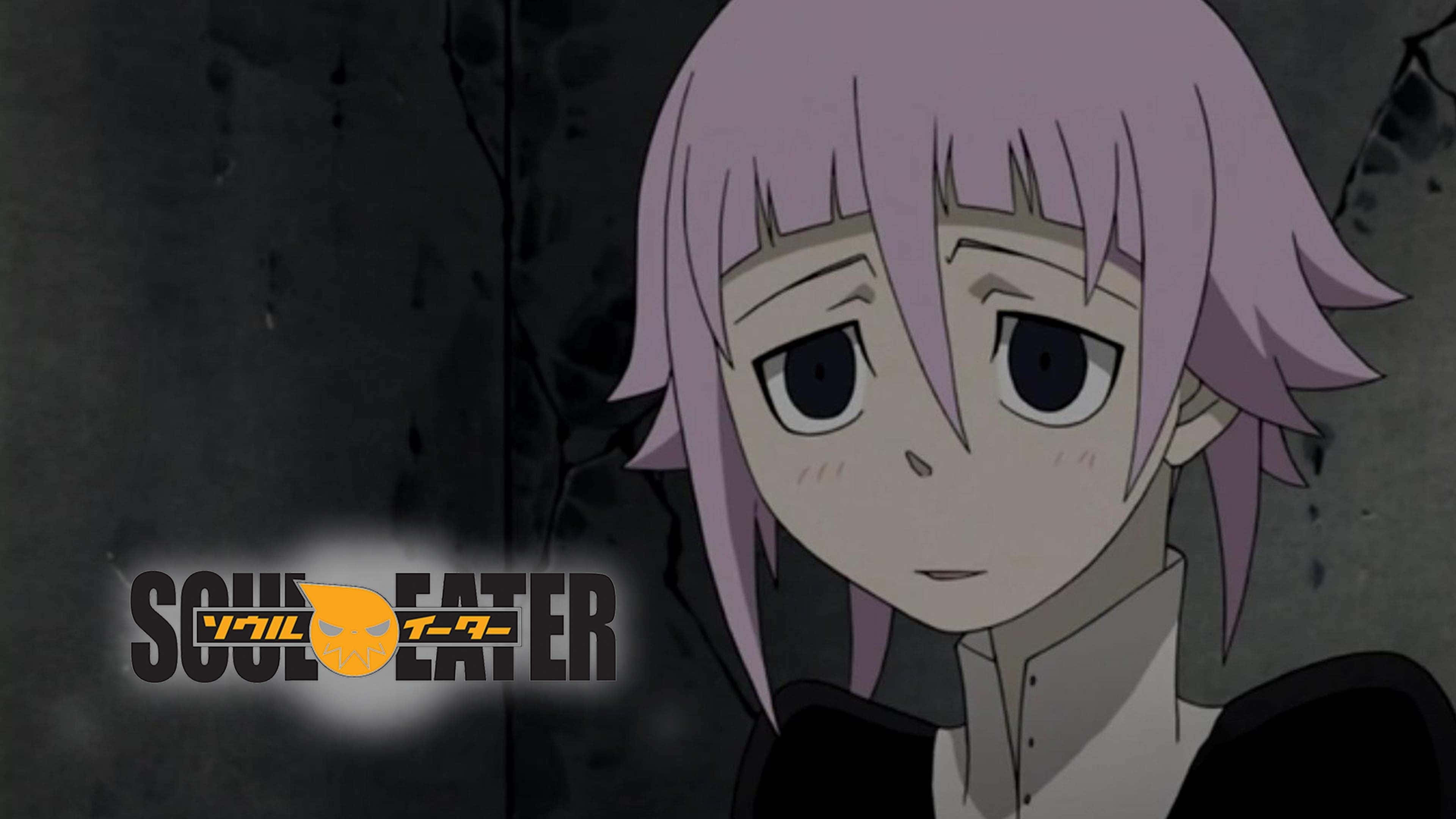 Soul Eater 桌布 壁紙 — 紫髮動漫少女的大頭照，大眼睛，背景是黑暗裂縫牆壁，帶有發光的Soul Eater標誌。