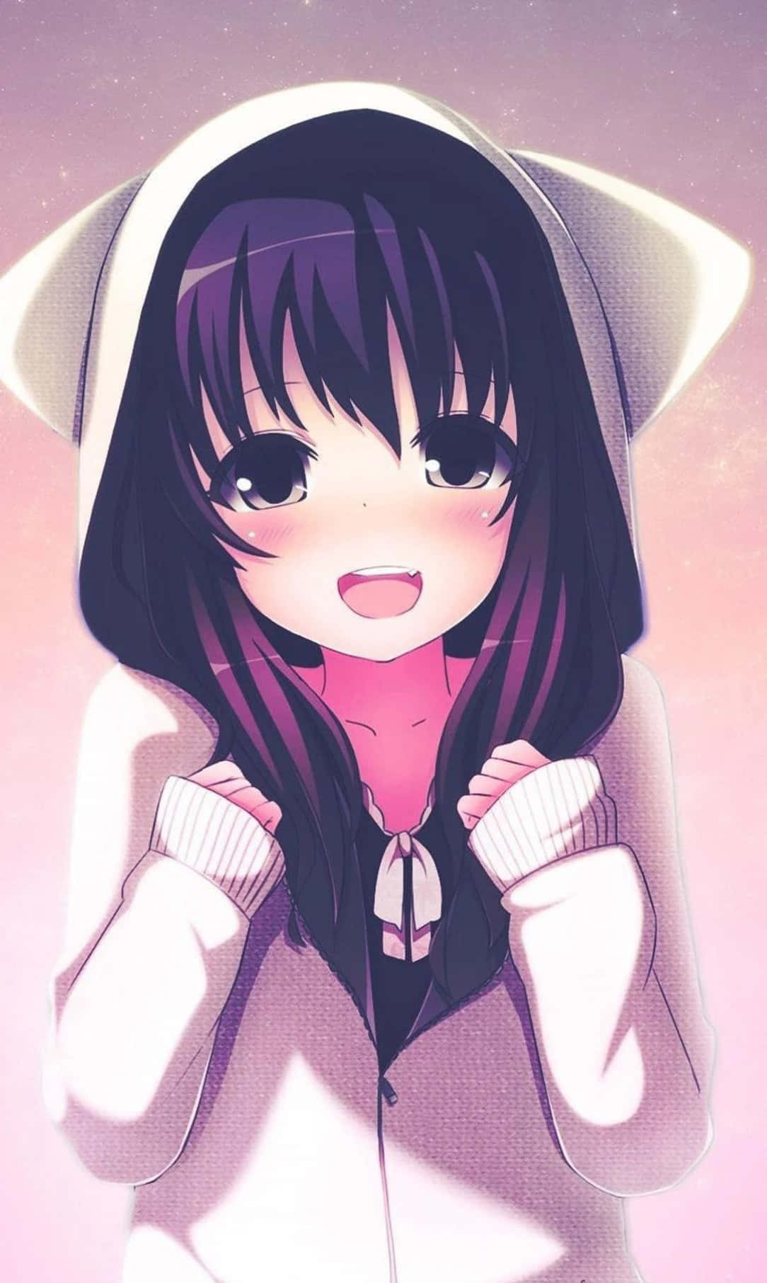 紫髮女孩穿著白色連帽上衣 壁紙