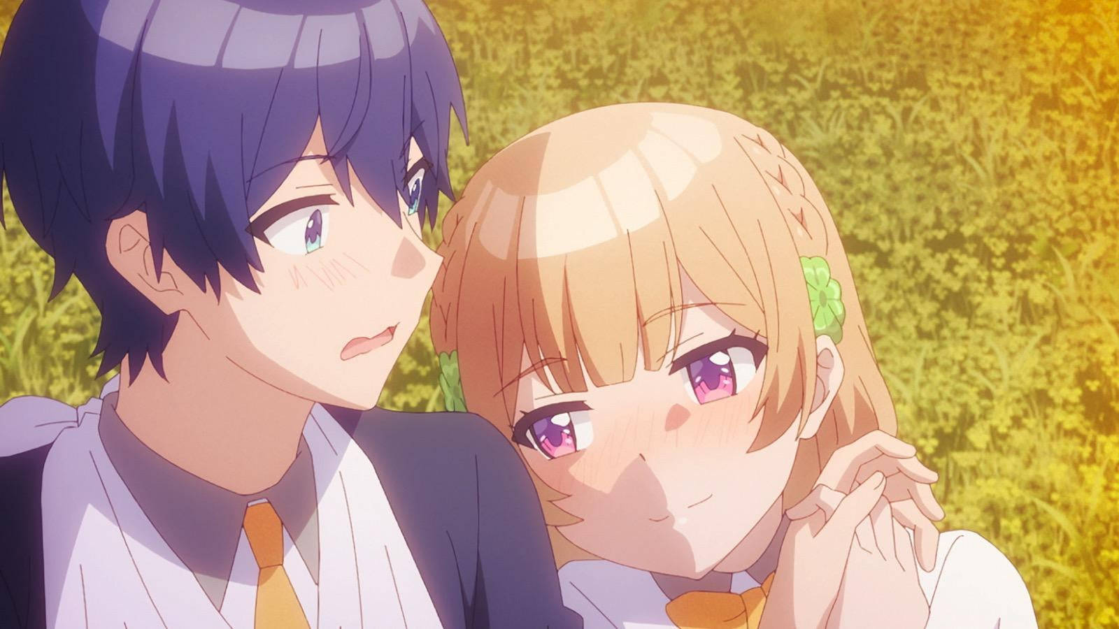 osamake 桌布 壁紙 — 紫髮少年和金髮少女穿著校服，在陽光明媚的金色草地上分享溫馨時刻。