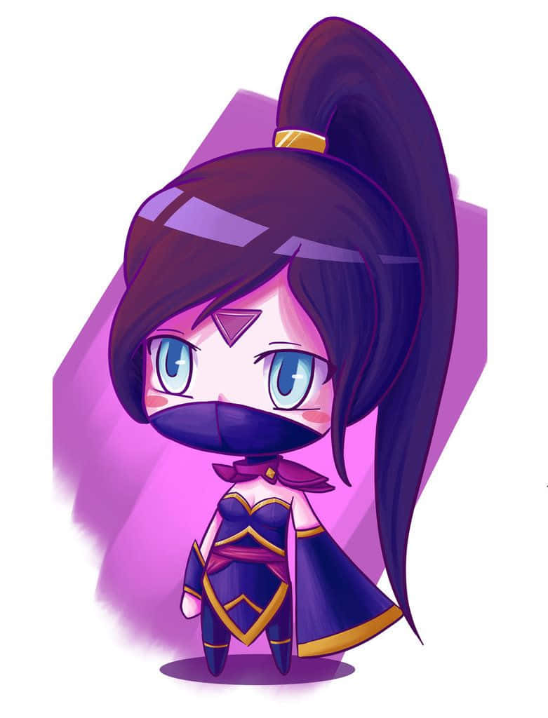 Templar Assassin 桌布 壁紙 — 紫髮戴面具的Q版動漫女孩，身穿紫金色服裝，背景為柔和紫色。