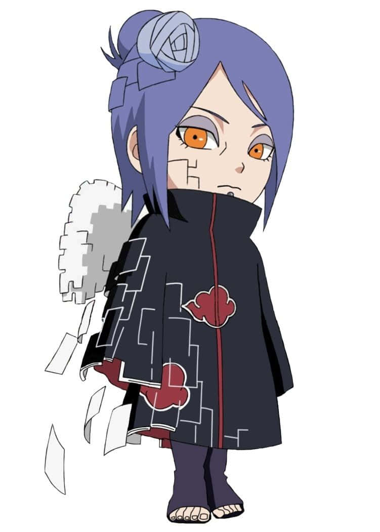 Akatsuki Chibi 桌布 壁紙 — 紫髮橙眼的Q版動漫女孩，身穿帶有紅雲的黑色斗篷，白色紙片在她周圍飄浮。
