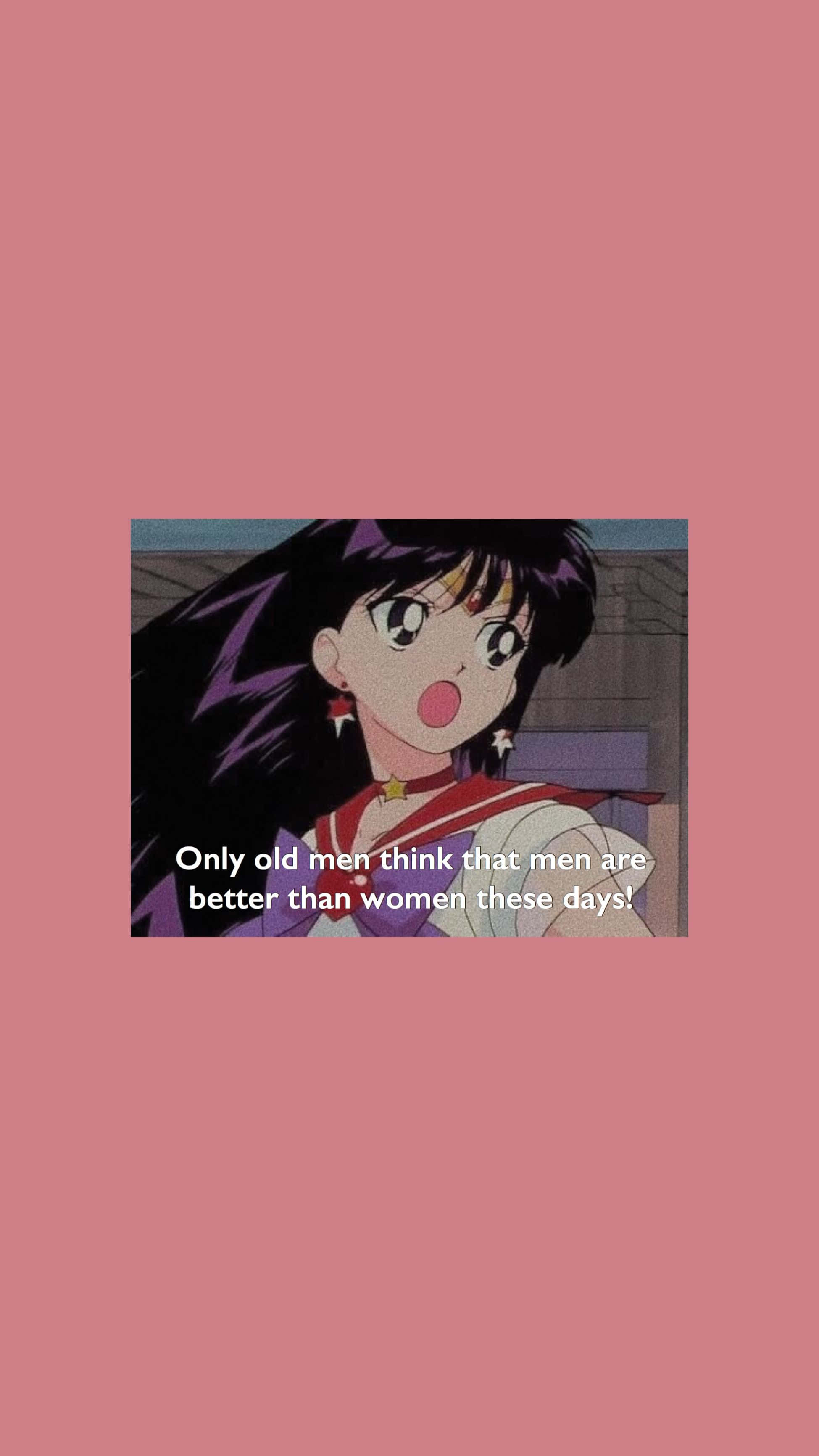 sailor mars 桌布 壁紙 — 紫髮水手服動畫女孩在粉紅背景上帶有文字疊加，表情震驚。