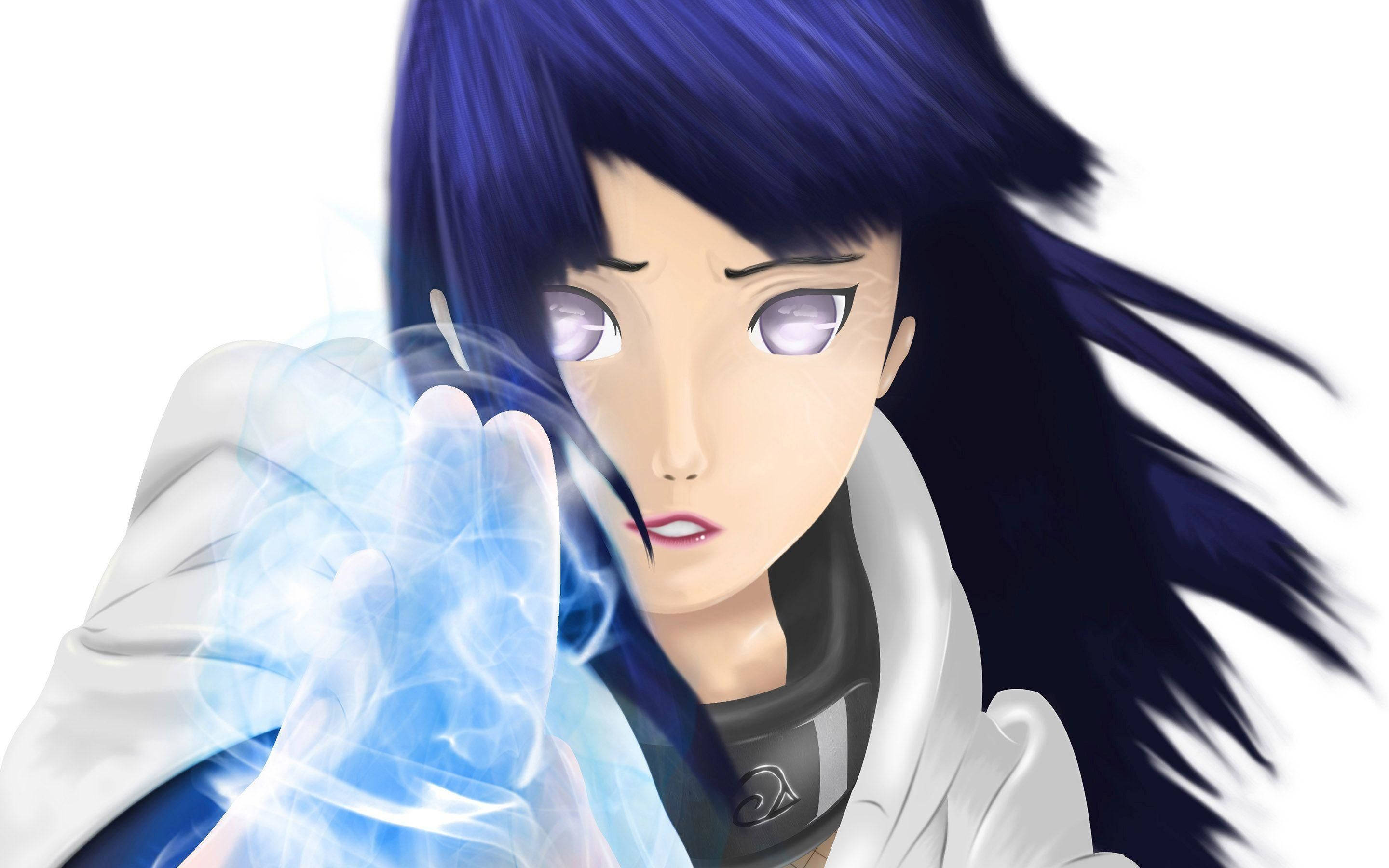 Hinata Hyuga 桌布 壁紙 — 紫髮發光眼睛的動漫女孩，身穿白色斗篷，在純白背景下引導藍色查克拉能量。