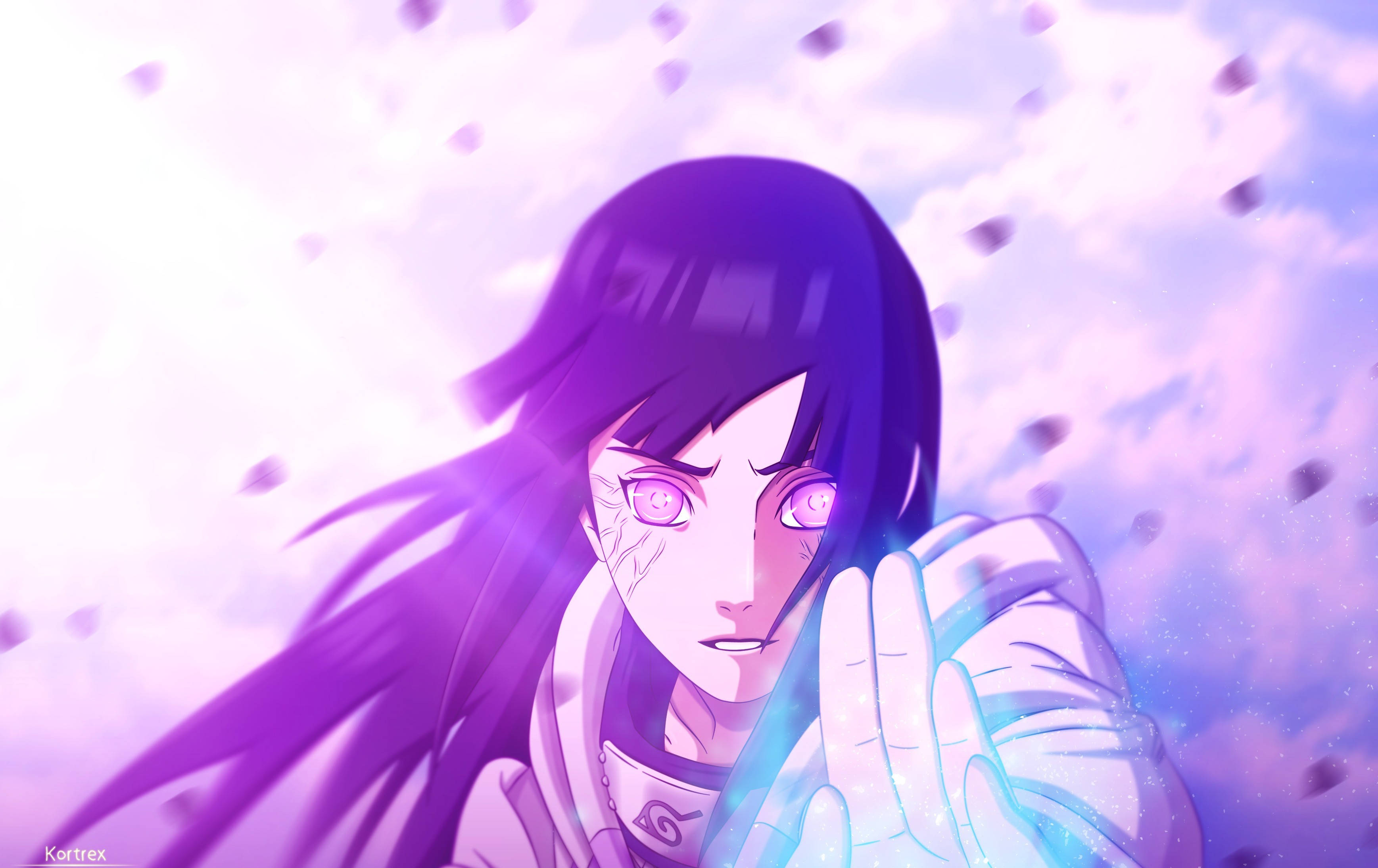 Hinata Hyuga 桌布 壁紙 — 紫髮發光眼睛的動漫女孩在柔和的粉紫色天空下引導藍色查克拉，花瓣飄落。