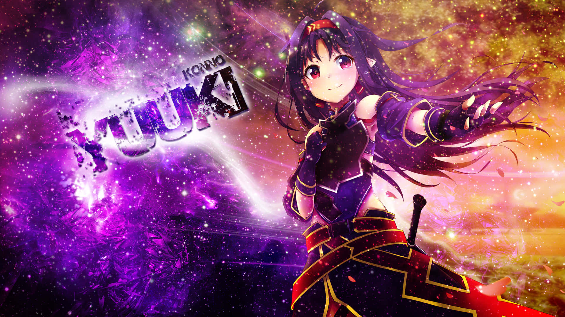 Yuuki Konno 桌布 壁紙 — 紫髮發光眼睛的動漫女孩自信地站在充滿星星和能量爆發的鮮豔宇宙背景前。