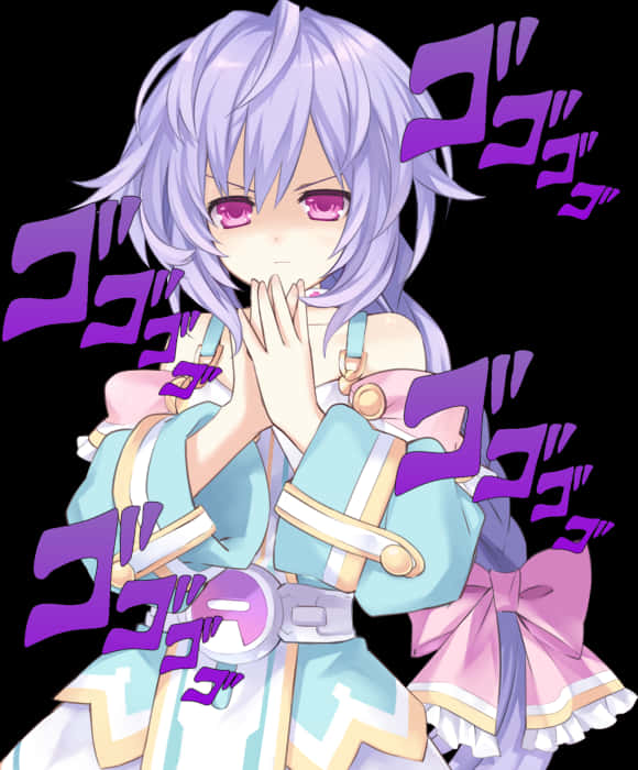 Jojo Menacing 桌布 壁紙 — 紫髮粉紅眼動漫少女在黑色背景上，伴隨紫色音效，驚訝地合攏雙手。
