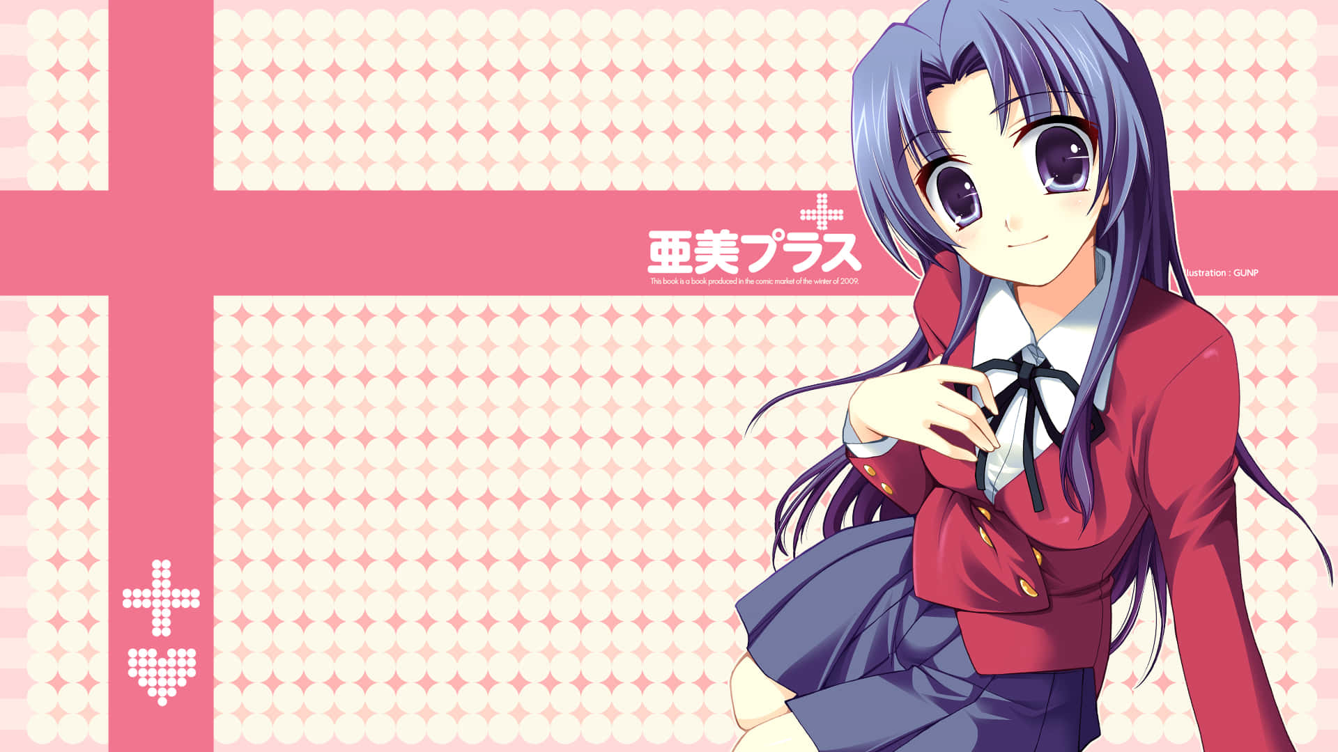 Ami Kawashima 桌布 壁紙 — 紫髮紅校服動漫女孩在粉紅圖案背景上微笑。