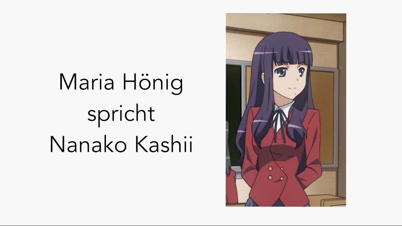 Nanako Kashii 桌布 壁紙 — 紫髮紅校服的動漫女孩站在室內，表情平靜。