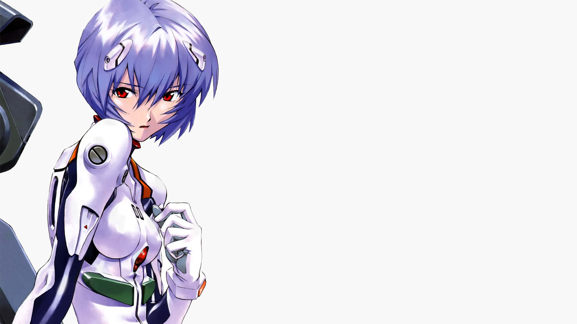 rei ayanami 桌布 壁紙 — 紫髮紅眼動漫女孩，身穿白色未來風格套裝，背景為純色。