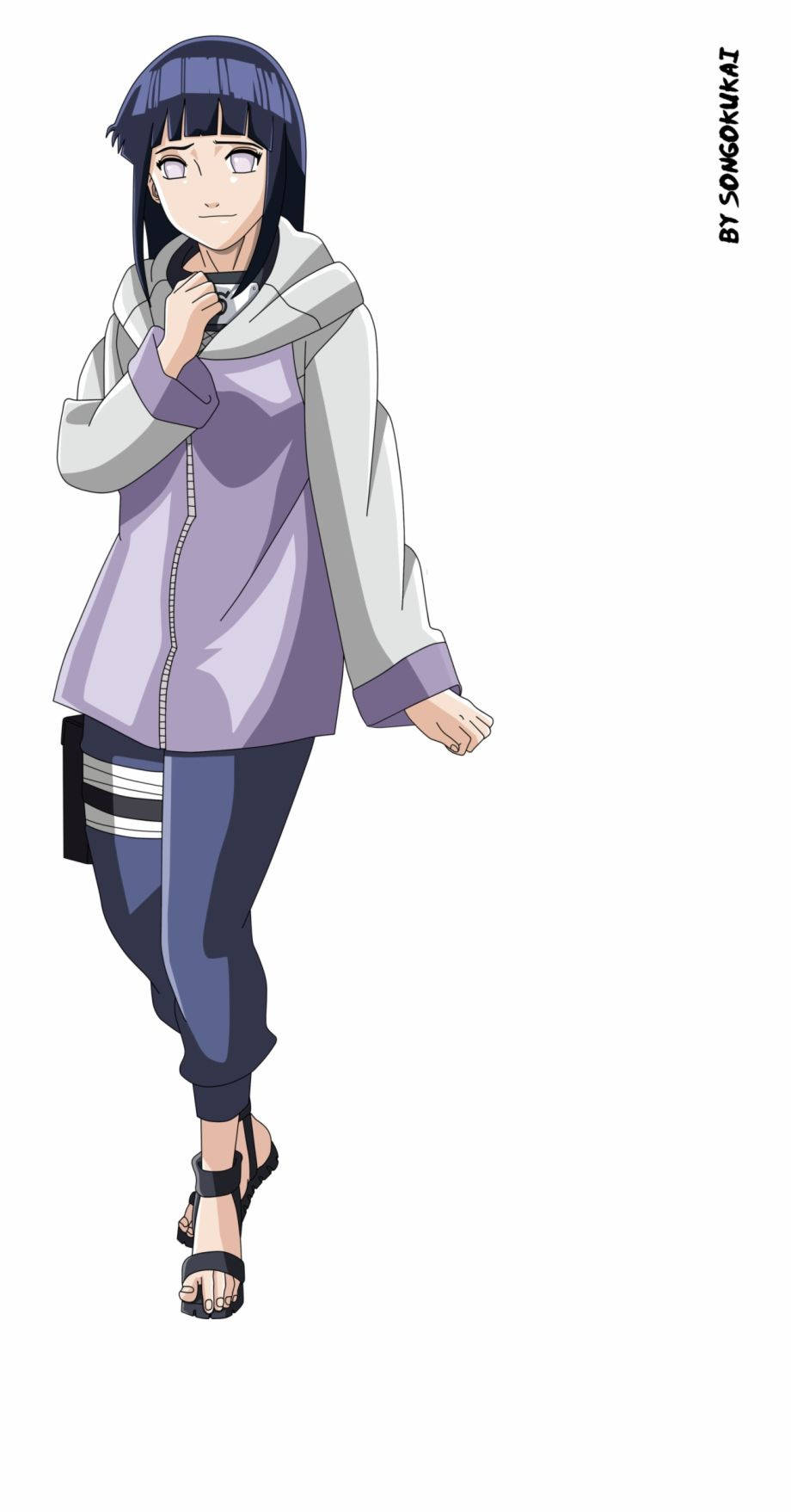 Hinata Hyuga 桌布 壁紙 — 紫髮紫外套的動漫女孩自信地站在純白背景前。