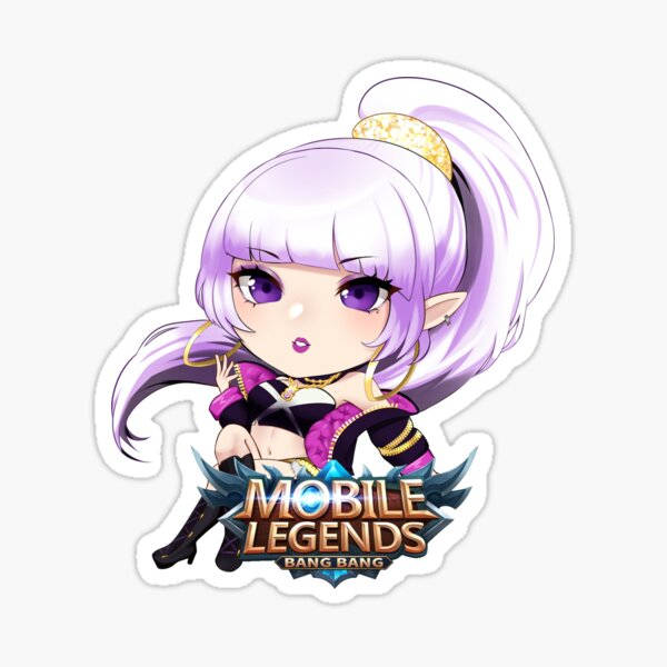 Mobile Legends 動態圖 桌布 壁紙 — 紫髮紫眼的Chibi動漫女孩在Mobile Legends Bang Bang標誌貼紙中。