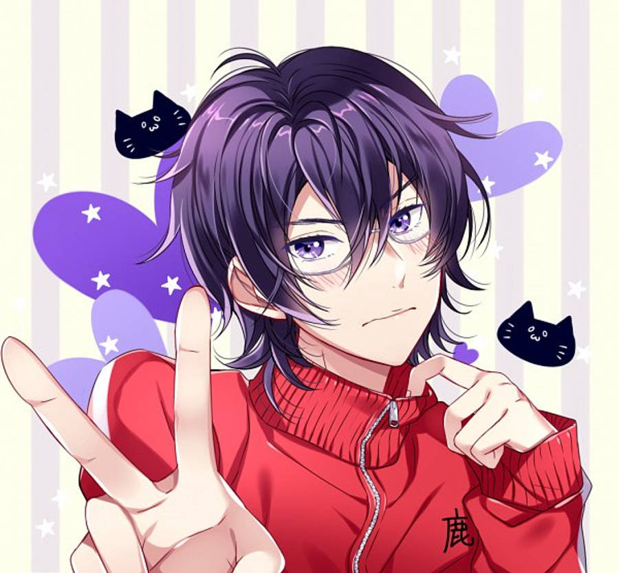 Yarichin Bitch Club 桌布 壁紙 — 紫髮紫眼的動漫男孩穿著紅色外套做出和平手勢，周圍環繞著紫色心形和黑色貓咪圖標。