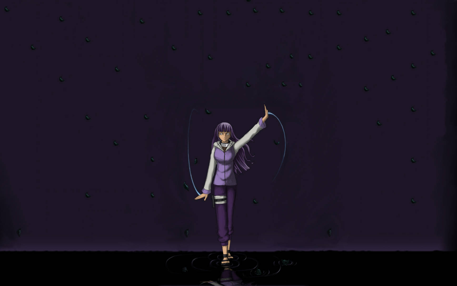 Hinata Hyuga 桌布 壁紙 — 紫髮紫衣的動漫女孩站在黑暗的房間中，發光的藍色查克拉漩渦環繞她舉起的手。