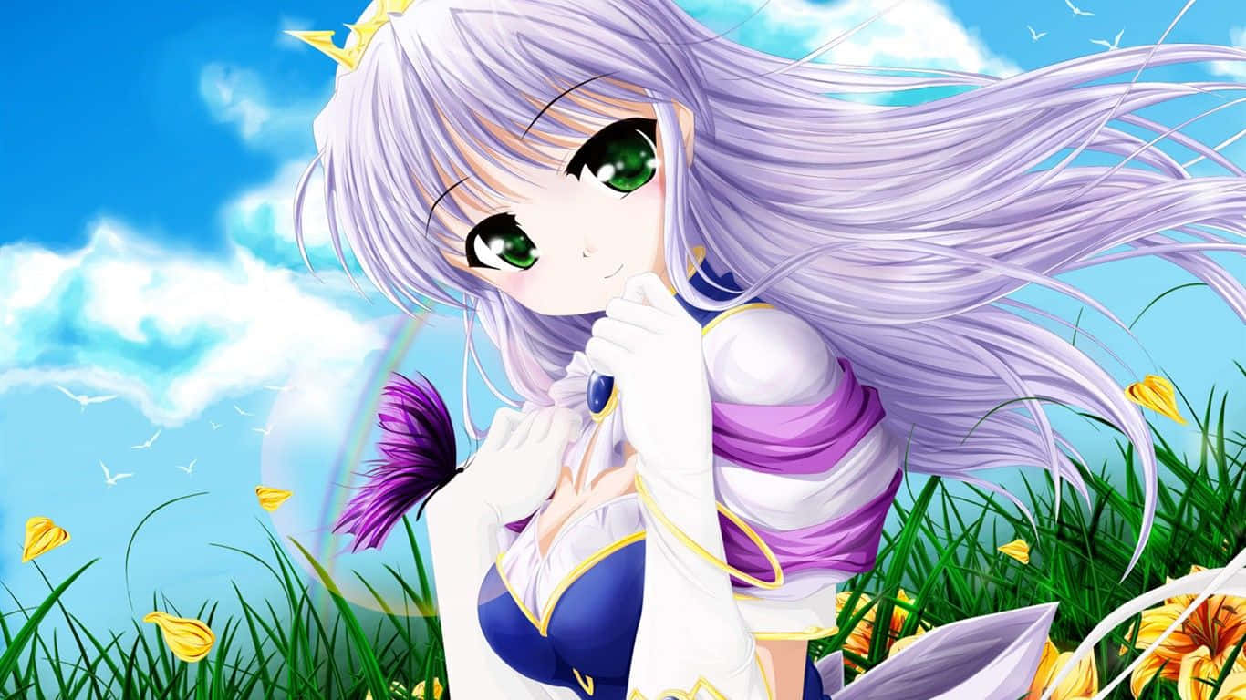 動漫女孩 桌布 壁紙 — 紫髮綠眼動漫女孩在藍天下陽光普照的草地和黃花田中溫柔微笑。