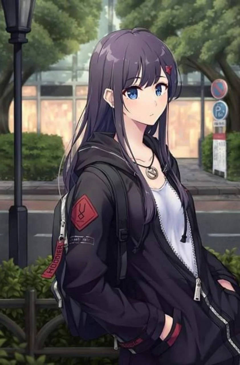 高清 桌布 壁紙 — 紫髮藍眼的動漫女孩站在綠樹成蔭的城市人行道上，穿著黑色連帽衫和背包。