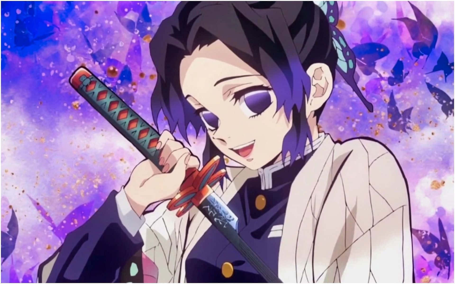 Nichirin Blades 桌布 壁紙 — 紫髮蝴蝶主題的動漫女孩在閃爍的紫色宇宙背景下揮舞著武士刀。
