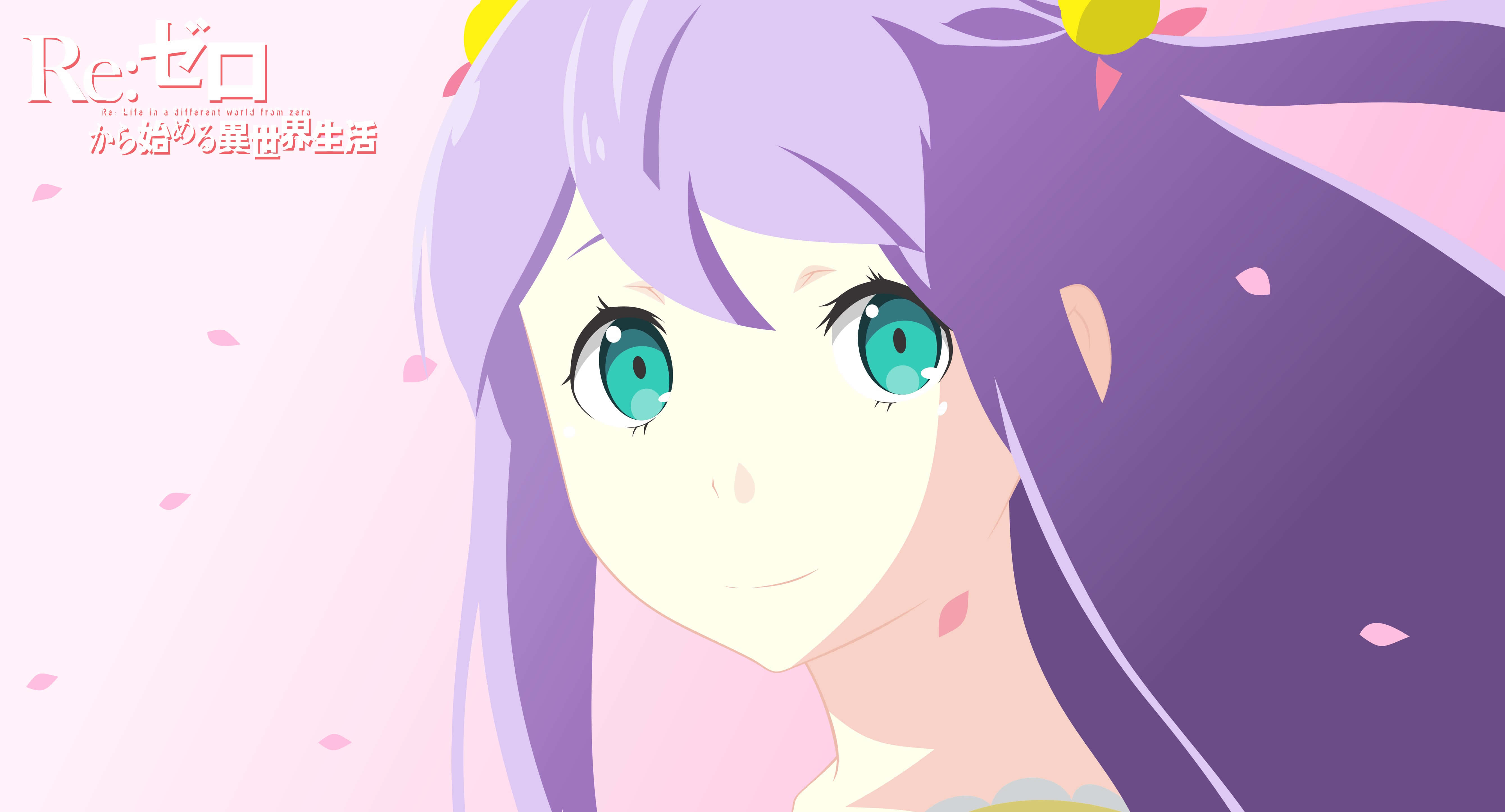 Anastasia Hoshin 桌布 壁紙 — 紫髮青綠眼睛的動漫女孩在粉紅櫻花背景下溫柔微笑。