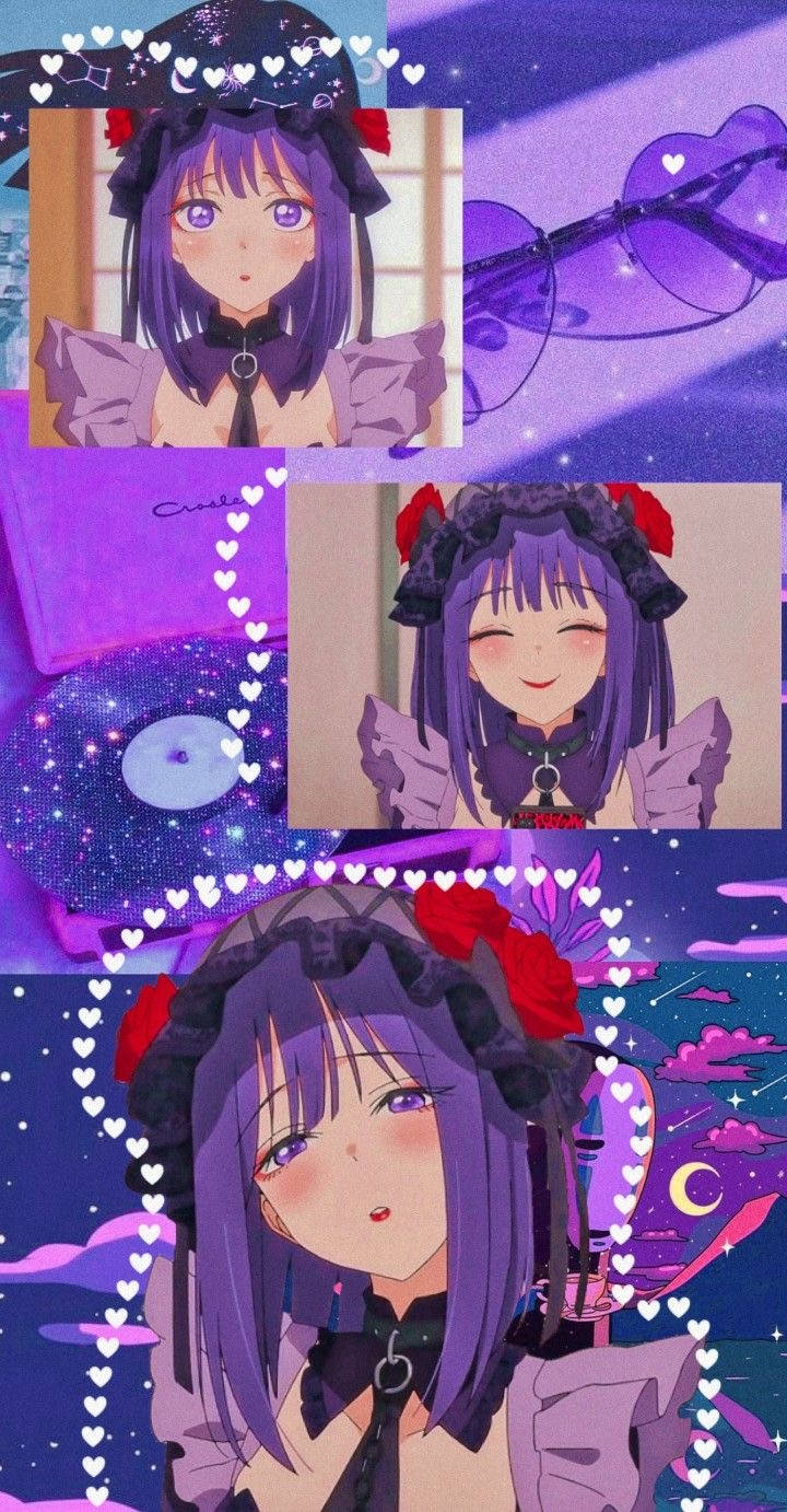 my 桌布 壁紙 — 紫髮黑裝的動漫女孩，置身於夢幻的紫色星空拼貼畫中，帶有心形和月亮圖案。