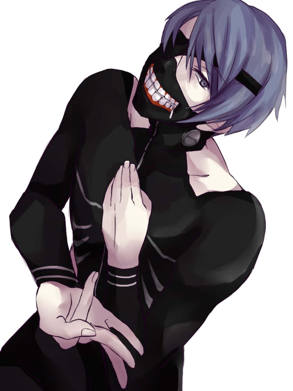 Shuu Tsukiyama 桌布 壁紙 — 紫髮黑面具的動漫角色，身穿黑色服裝在白色背景前咧嘴大笑。