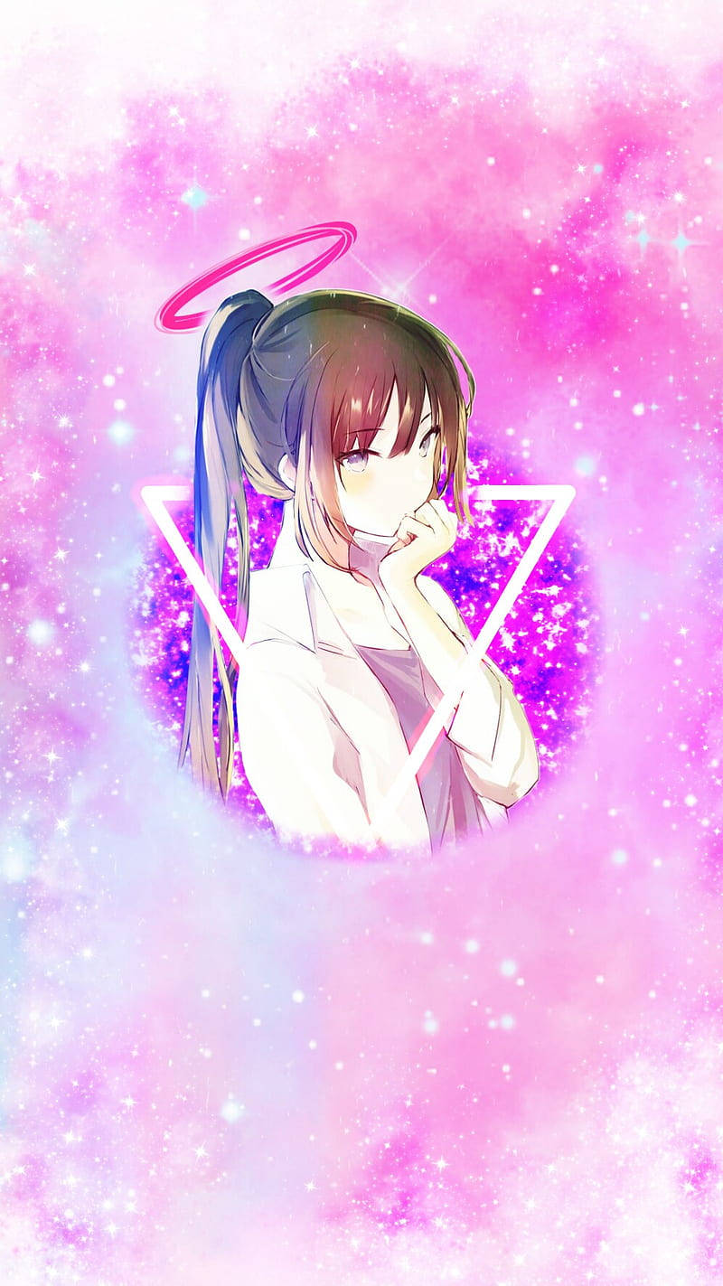 Anime Girl Phone 桌布 壁紙 — 紮馬尾、帶光環的動漫女孩漂浮在閃爍的粉紅色宇宙背景中，周圍環繞著發光的三角形。