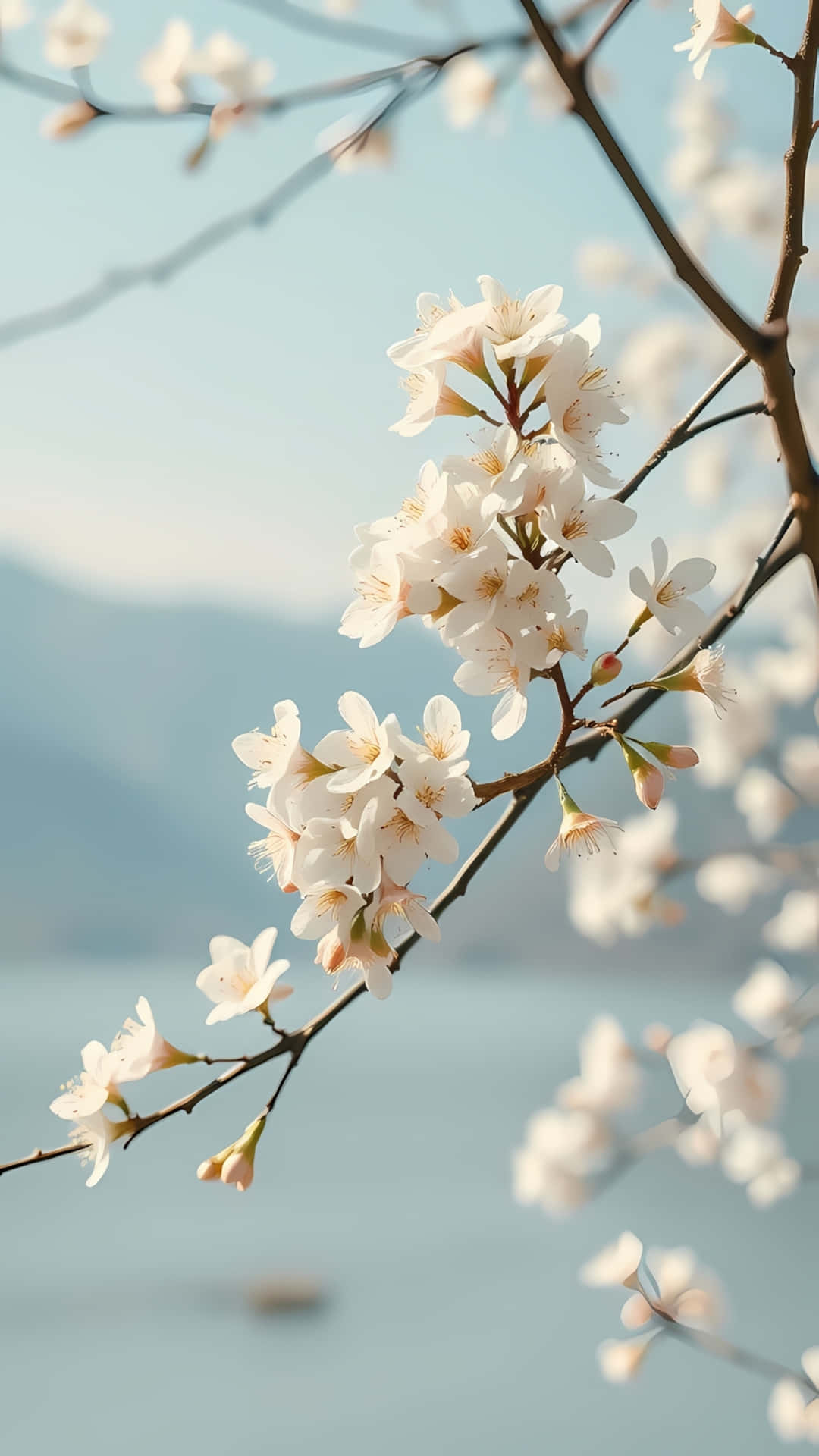 White Cherry Blossom Branch Against Blue Sky 壁紙 — 細嫩的白櫻花在纖細的枝條上綻放，襯著柔和的藍天和遠處朦朧的山巒。