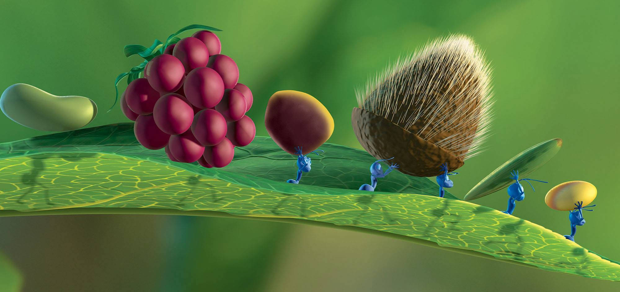life 桌布 壁紙 — 細小藍色動畫生物攜帶超大型水果和種子穿過巨大的綠色葉子，在充滿活力的3D渲染場景中。