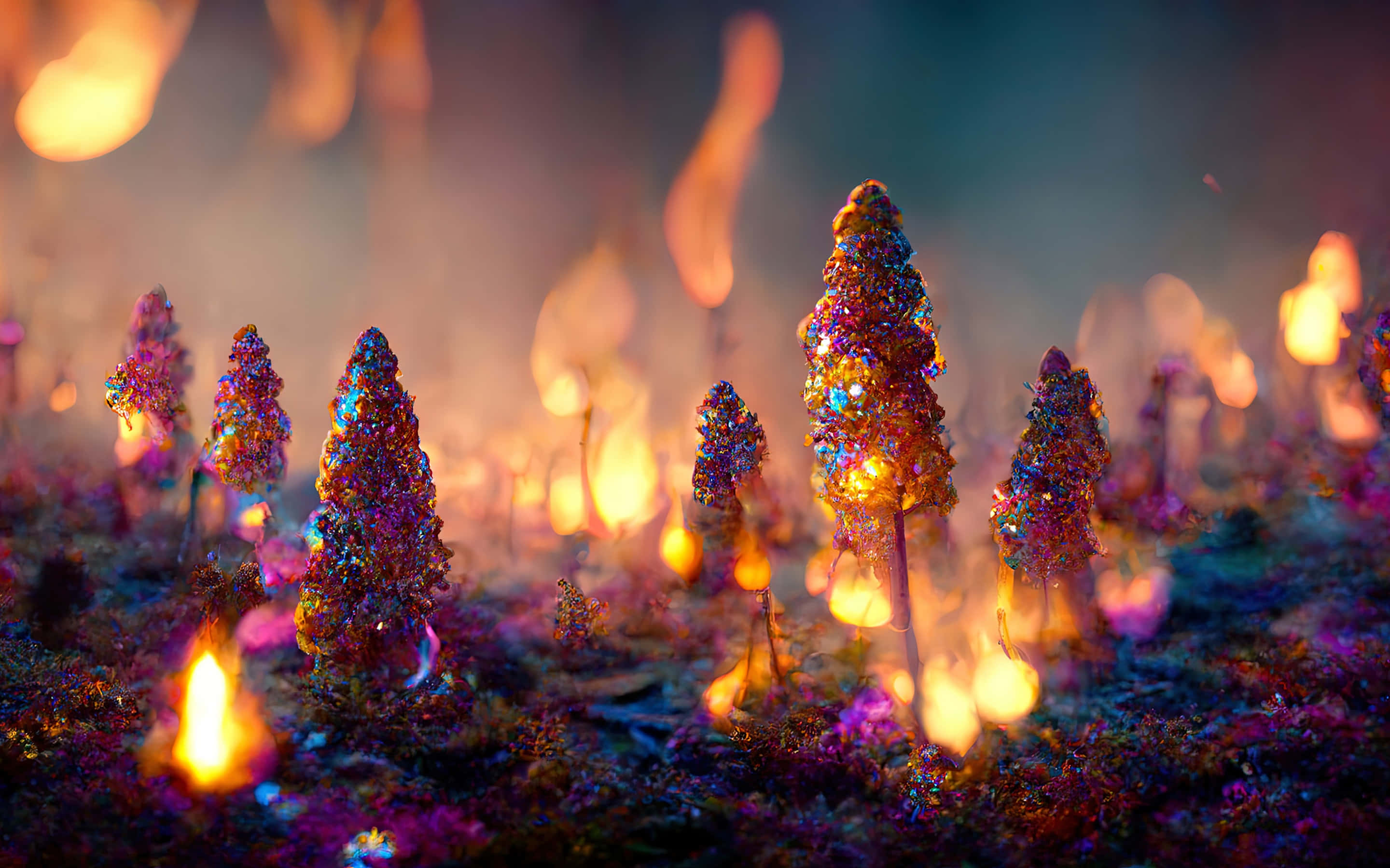 Magical Forest 桌布 壁紙 — 細小閃爍的樹木在朦朧的暮色天空中散發著溫暖的火焰光芒。