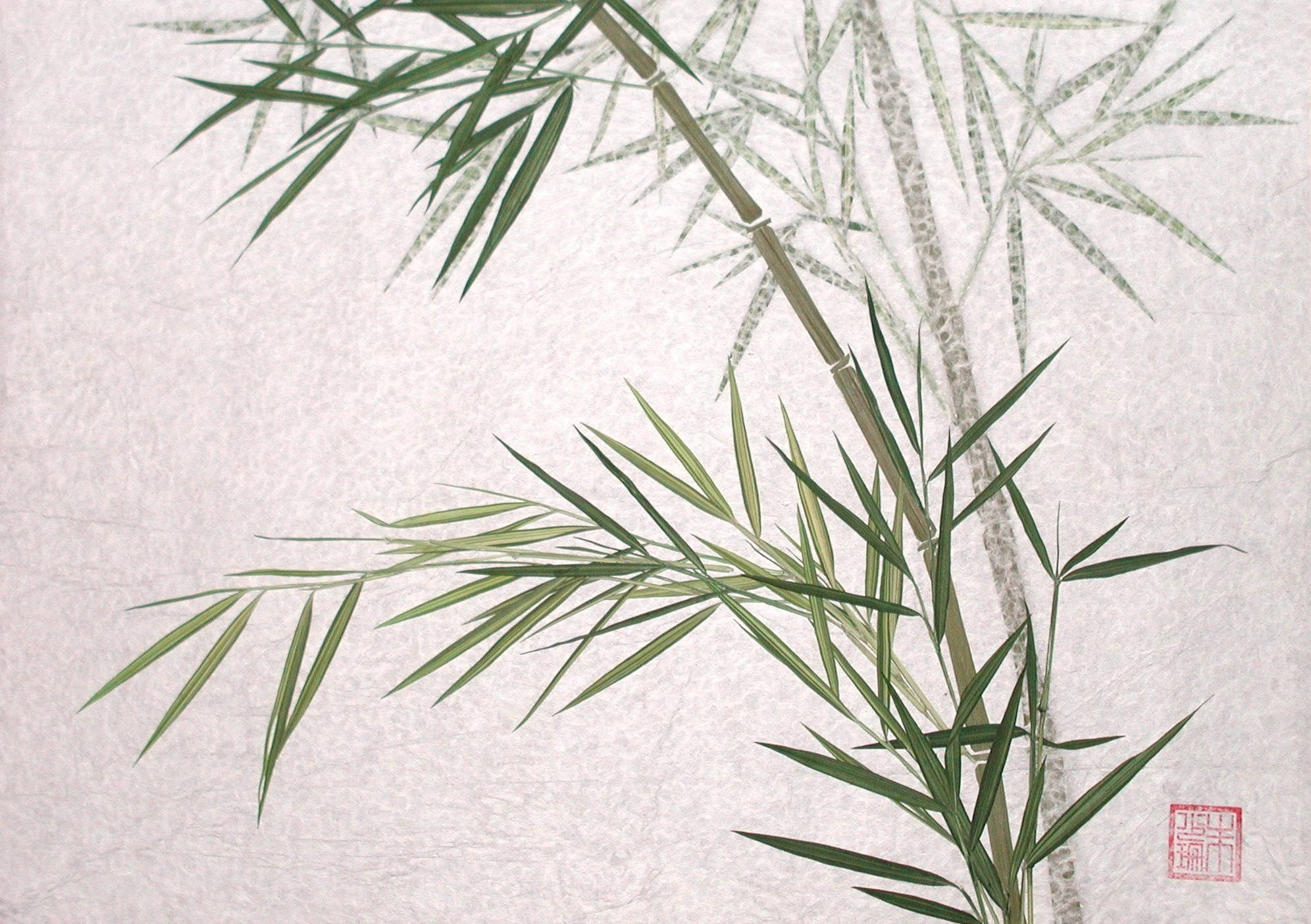 Bamboo 桌布 壁紙 — 細膩的竹莖和葉子以柔和的綠色調呈現在有紋理的米白色紙上，角落有一個紅色印章。