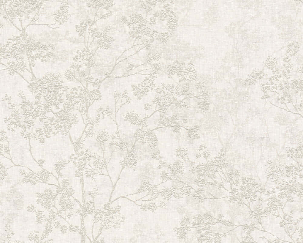 Cream Color 桌布 壁紙 — 細膩的米色壁紙，在質感亞麻紋理背景上帶有精緻的灰色樹枝圖案。