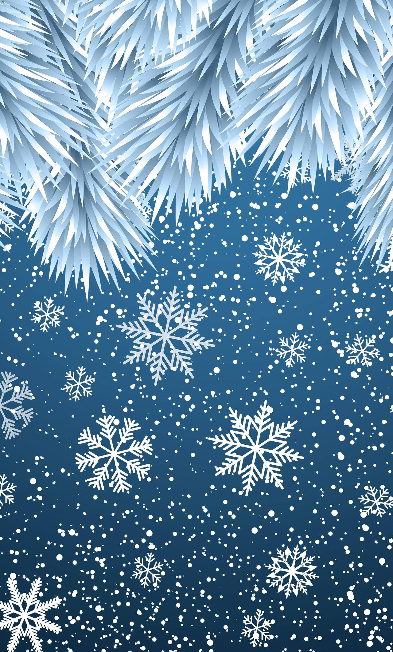 Snowflake iPhone 桌布 壁紙 — 結霜的松樹枝條框住深邃的藍天，天空充滿飄落的白色雪花和斑點。