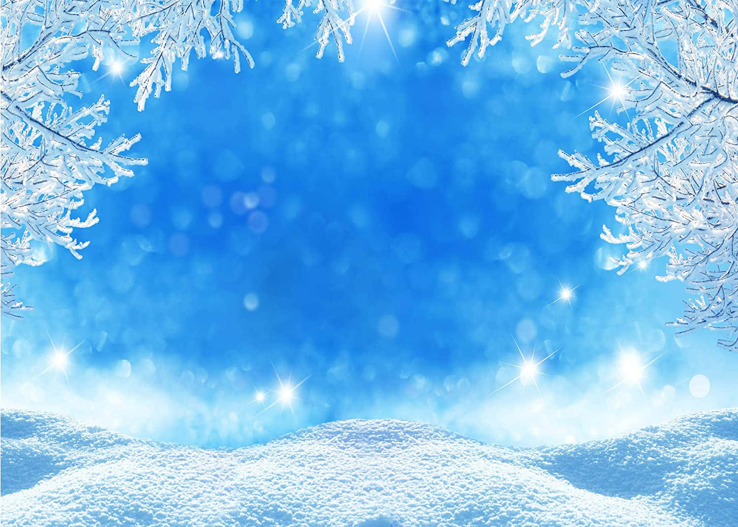 Winter Aesthetic 桌布 壁紙 — 結霜的樹枝框住明亮的藍天，陽光閃爍在雪丘之上。