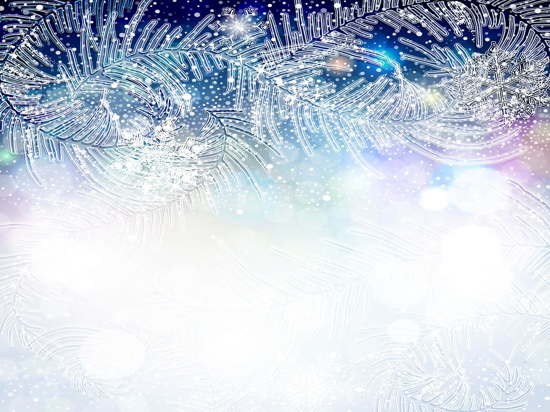 雪花 桌布 壁紙 — 結霜的窗玻璃，帶有複雜的冰晶和雪花，在柔和的藍白色散景背景下發光。