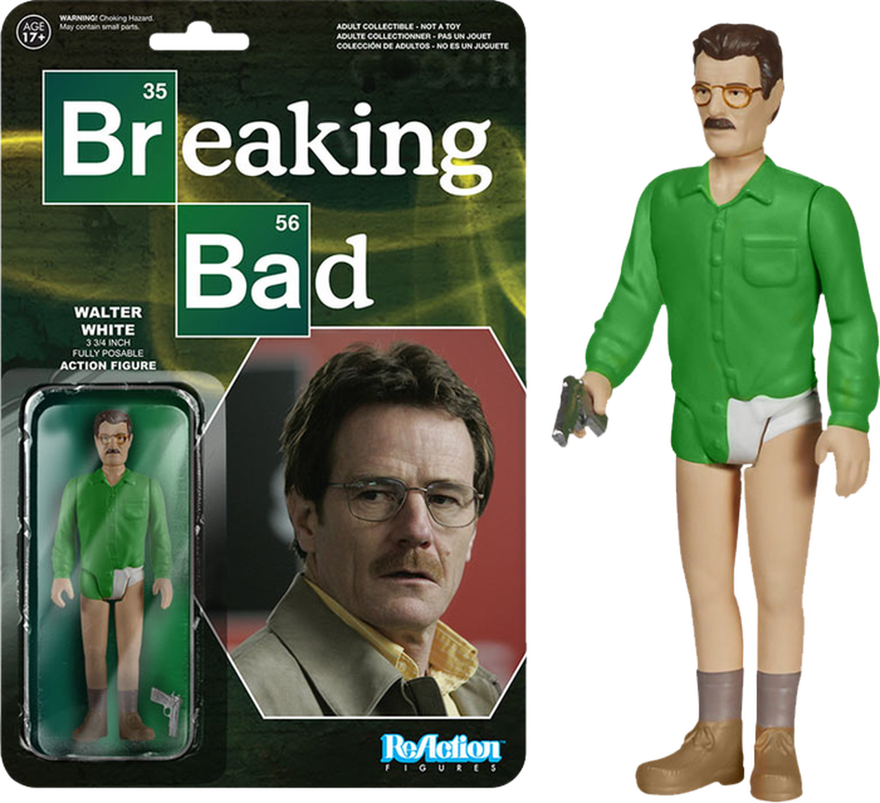 絕命毒師 桌布 壁紙 — 《絕命毒師》Walter White 可動人偶，身穿綠色襯衫和白色內褲，站在包裝旁邊。