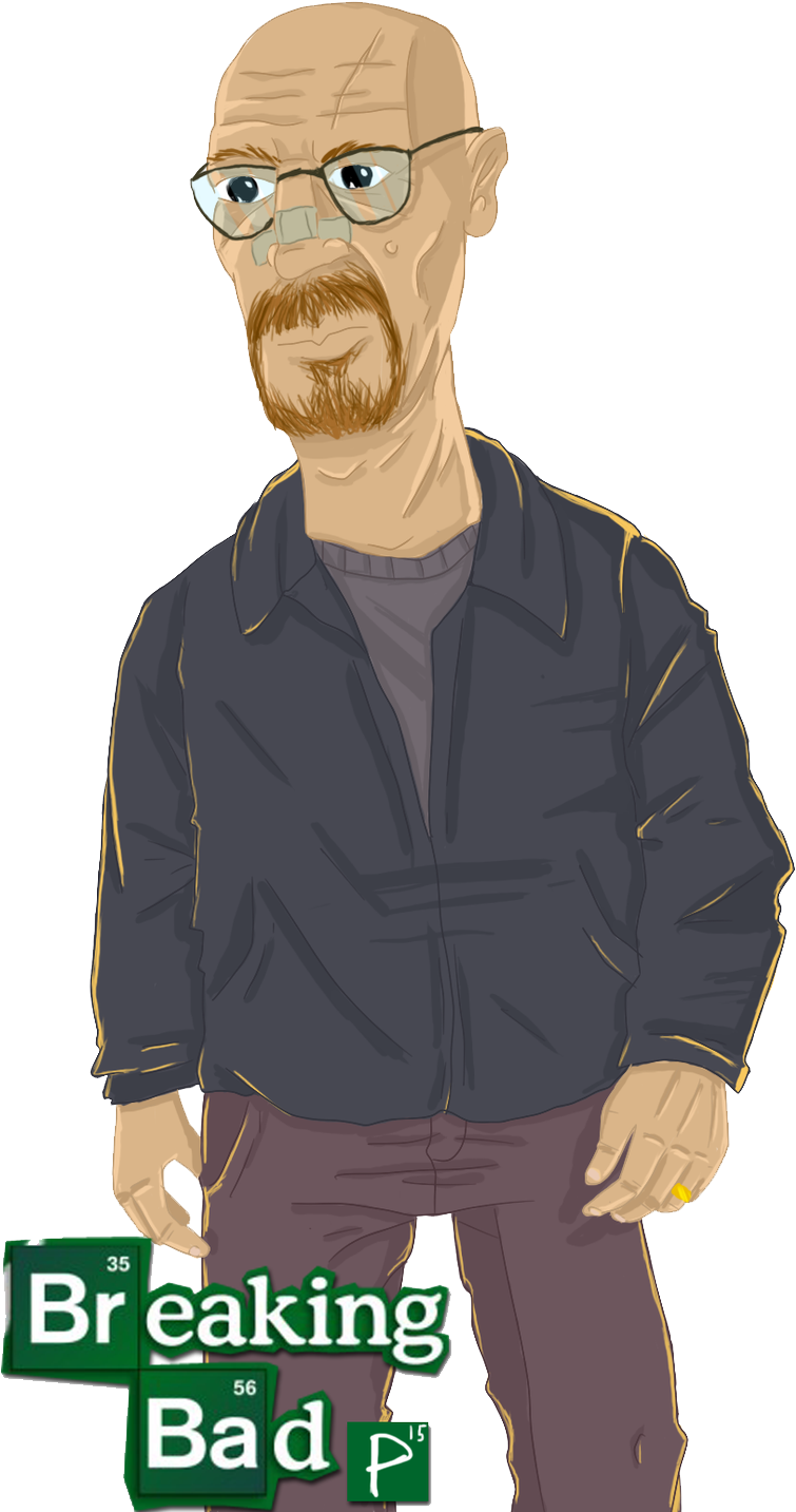 絕命毒師 桌布 壁紙 — 《絕命毒師》中Walter White的卡通插圖，戴著眼鏡和深色外套，下方有綠色節目標誌。