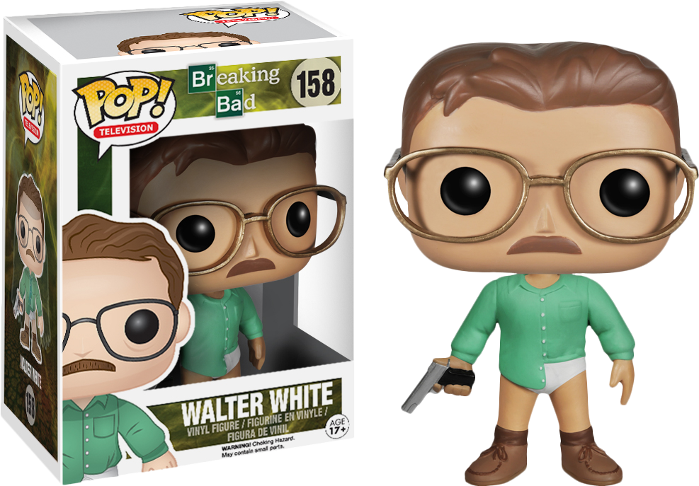 絕命毒師 桌布 壁紙 — 《絕命毒師》華特·懷特的Funko Pop! 乙烯基公仔，手持槍枝，旁邊是其收藏盒。
