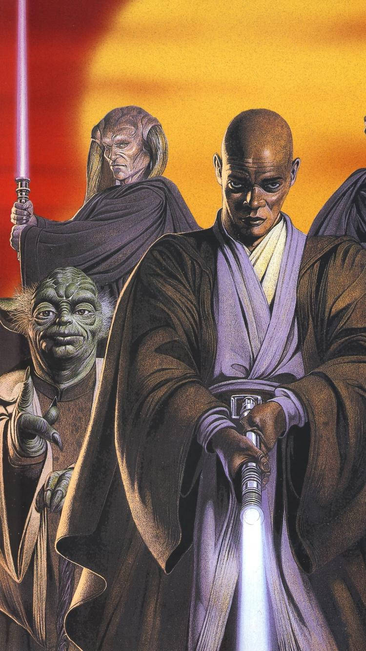 Lightsaber 桌布 壁紙 — 絕地大師以英雄姿態手持發光光劍，背景是熾熱的日落。