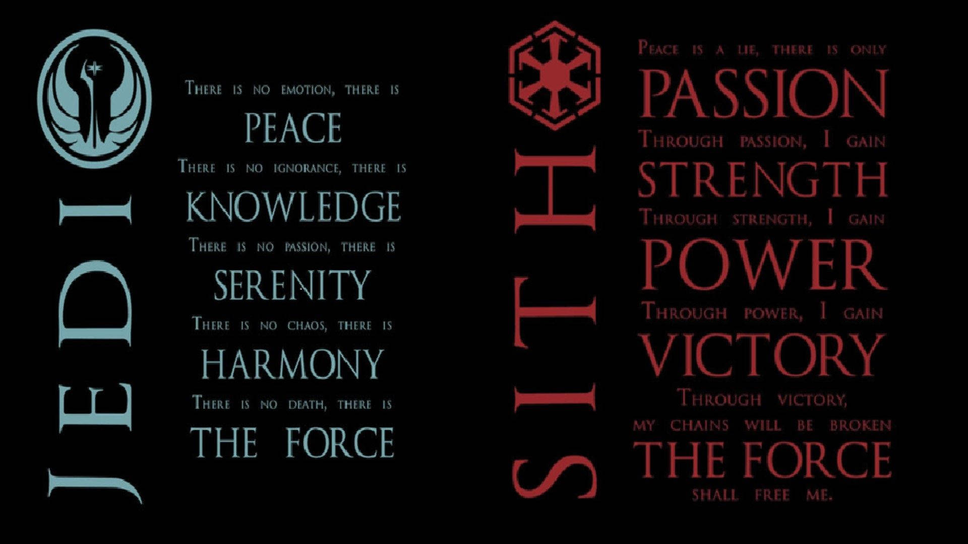 Sith 桌布 壁紙 — 絕地與西斯哲學在黑色背景上以發光的青色和紅色文字形成對比。