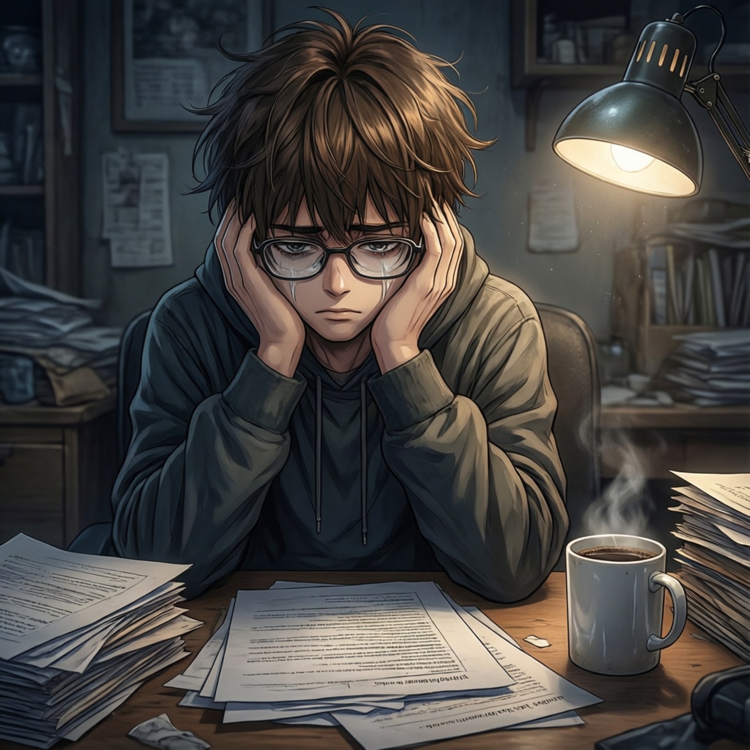 一位戴眼鏡的悲傷動漫男孩坐在凌亂的書桌前，雙手抱頭，在昏暗燈光下。