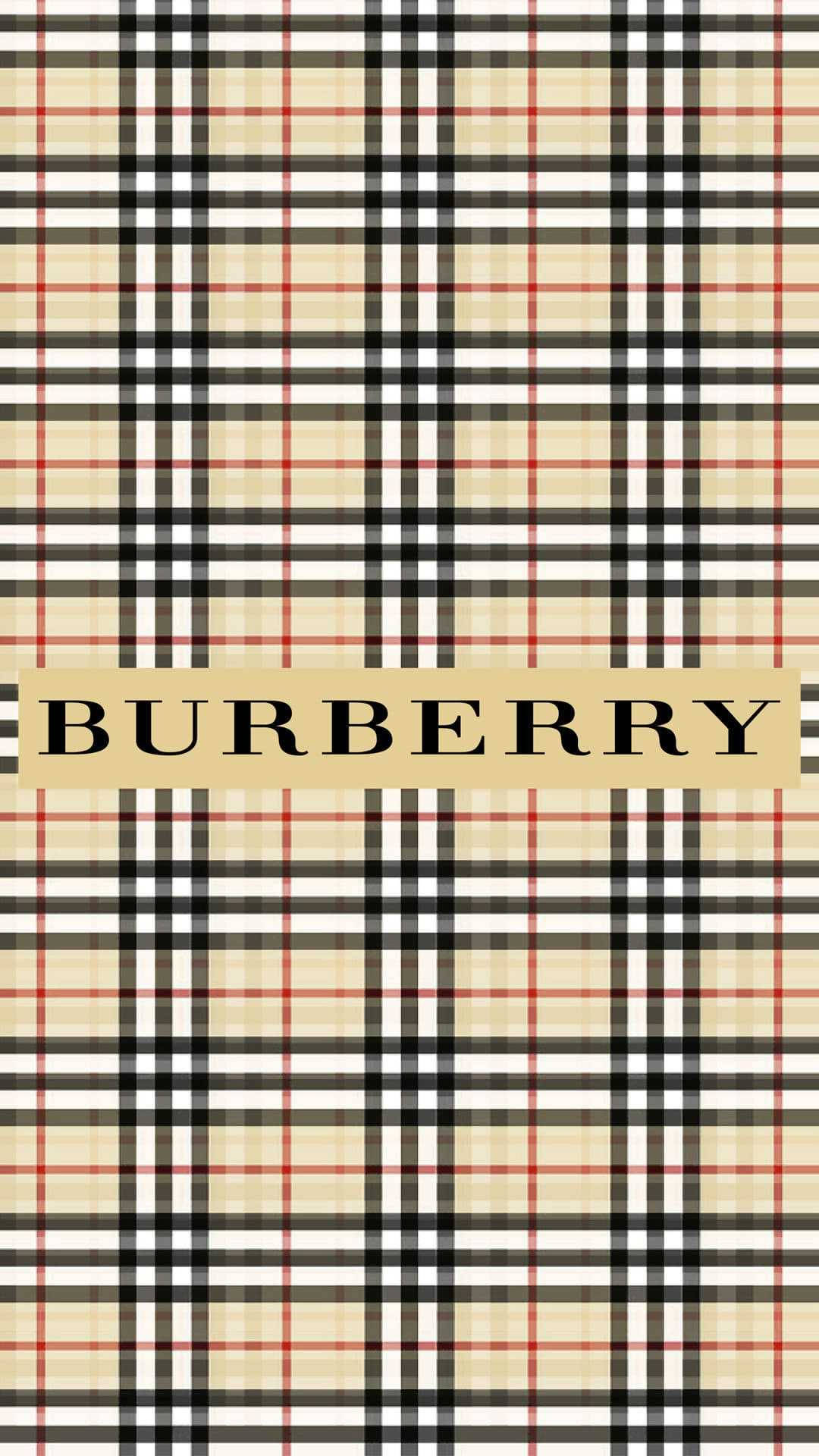 Burberry 桌布 壁紙 — 經典 Burberry 格紋圖案壁紙，帶有米色、黑色、紅色和白色條紋，中央有品牌標誌。