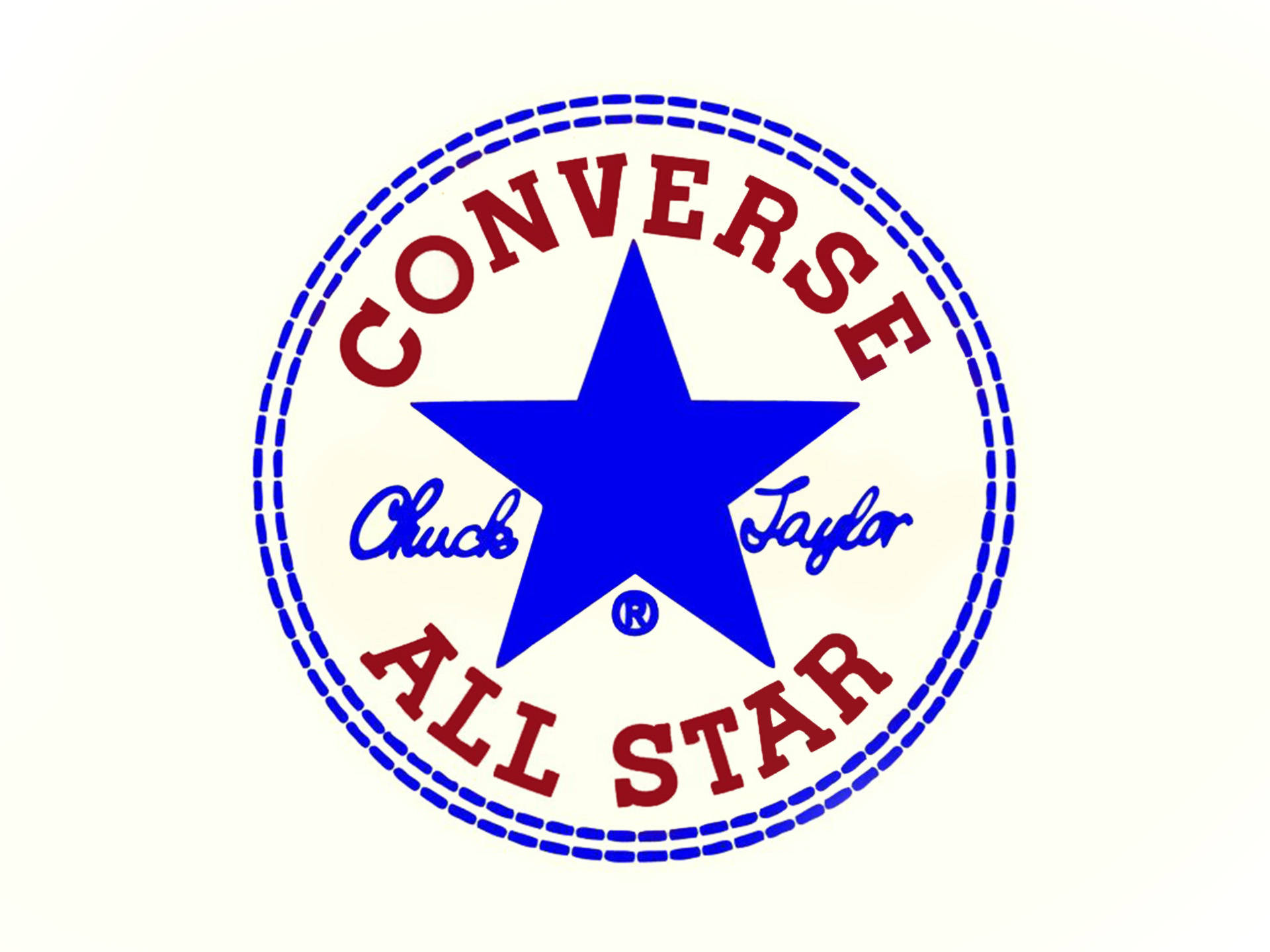 Converse 標誌 桌布 壁紙 — 經典 Converse Chuck Taylor All Star 標誌，藍色星星、紅色文字、縫線邊框，配奶油色背景。