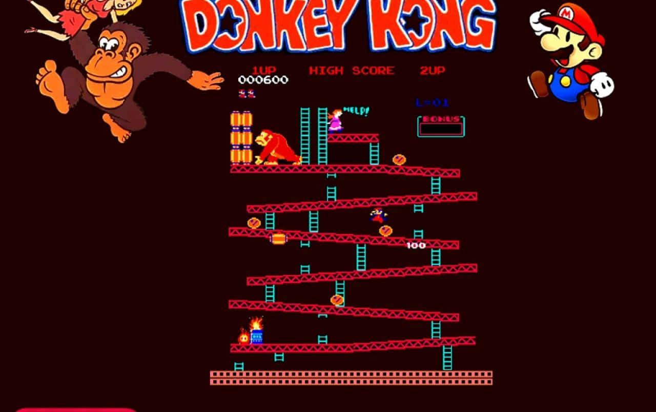 Diddy Kong 桌布 壁紙 — 經典 Donkey Kong 街機遊戲畫面，瑪利歐在黑暗背景中攀爬梯子並躲避木桶。