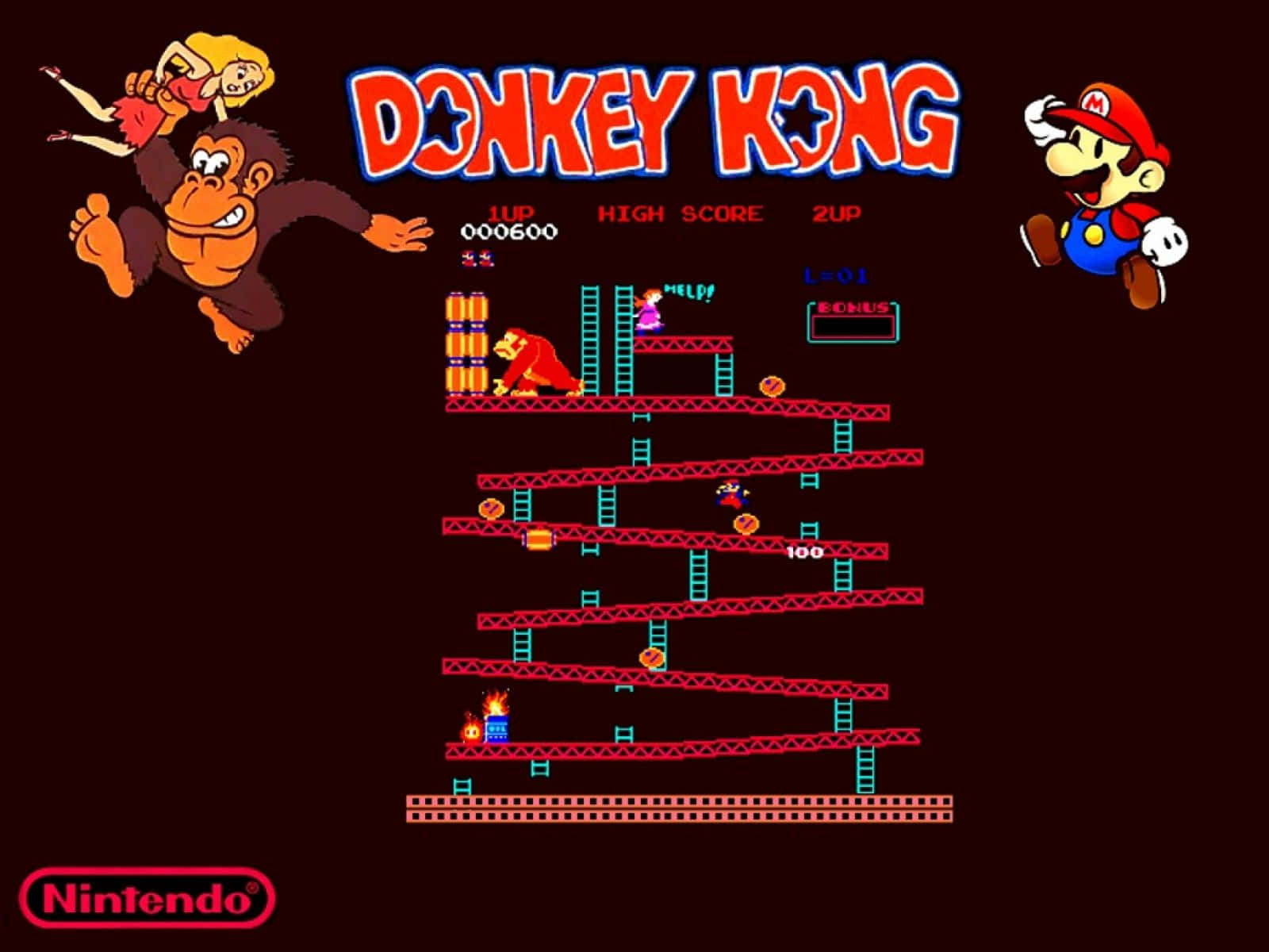 arcade 桌布 壁紙 — 經典 Donkey Kong 街機遊戲畫面，瑪利歐攀爬梯子從巨猿手中拯救寶琳。