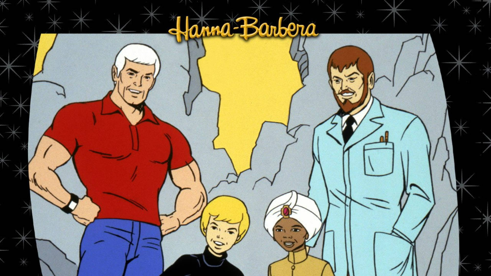 桌布 壁紙 — 經典 Hanna-Barbera 卡通角色自信地站在風格化的岩石背景前，背景有發光的黃色陸地。